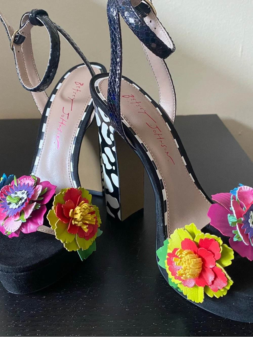 Betsey Johnson Black Platform Heels with Multicolor Floral Appliqués